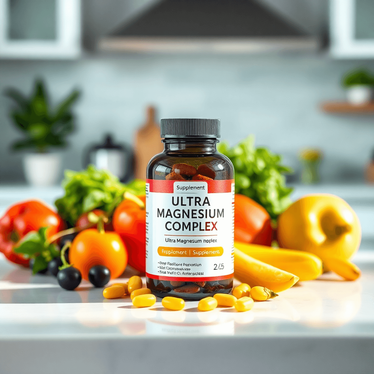 A bottle of Ultra Magnesium Complex supplements on a bright countertop, surrounded by fresh fruits and vegetables, with soft lighting creating a wa...