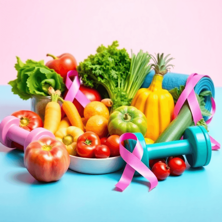 A bright and inviting scene showcasing fresh fruits, vegetables, exercise equipment, and a pink ribbon, symbolizing health and breast cancer awaren...