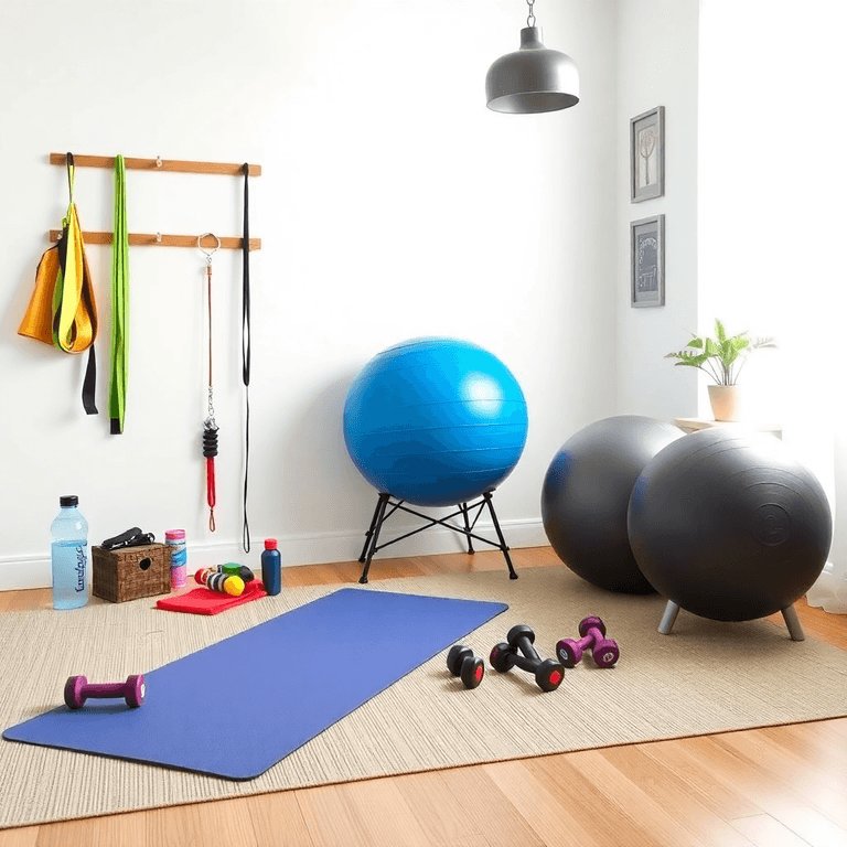 A bright home gym with a yoga mat, resistance bands, dumbbells, and a stability ball, bathed in natural light, featuring a water bottle and a small...