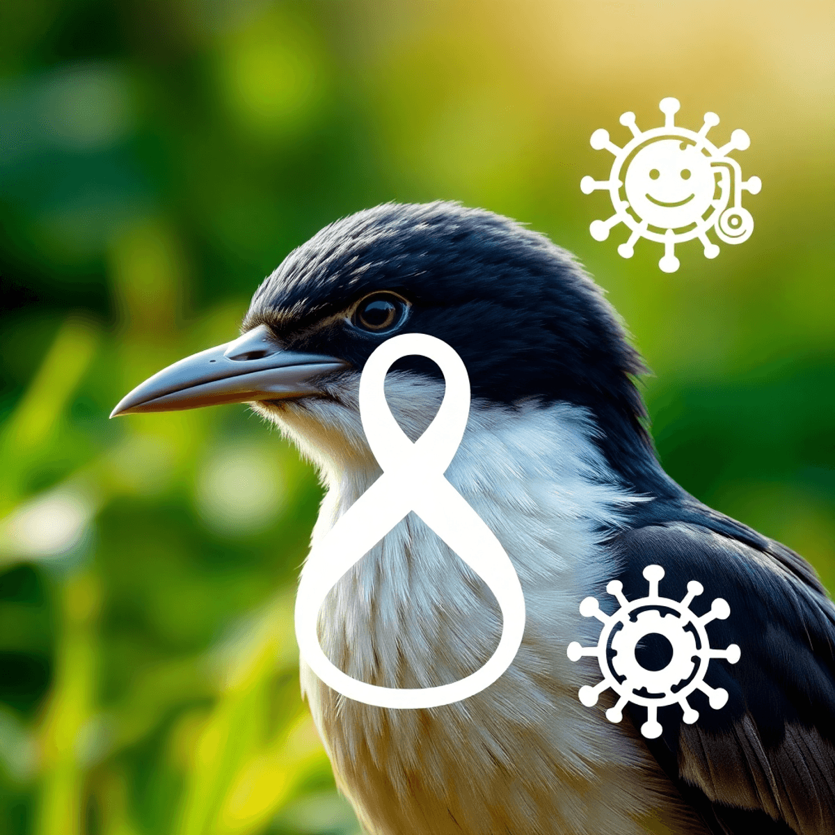 A close-up of a bird surrounded by lush greenery, with subtle medical symbols overlaying the image, highlighting the connection between wildlife an...