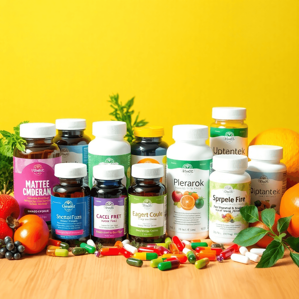 A colorful arrangement of dietary supplements in capsules and bottles on a wooden surface, surrounded by fresh herbs and fruits, exuding health and...