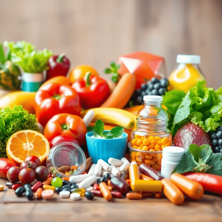 A colorful arrangement of fruits, vegetables, and supplements on a wooden table, showcasing vibrant colors that symbolize health and vitality.