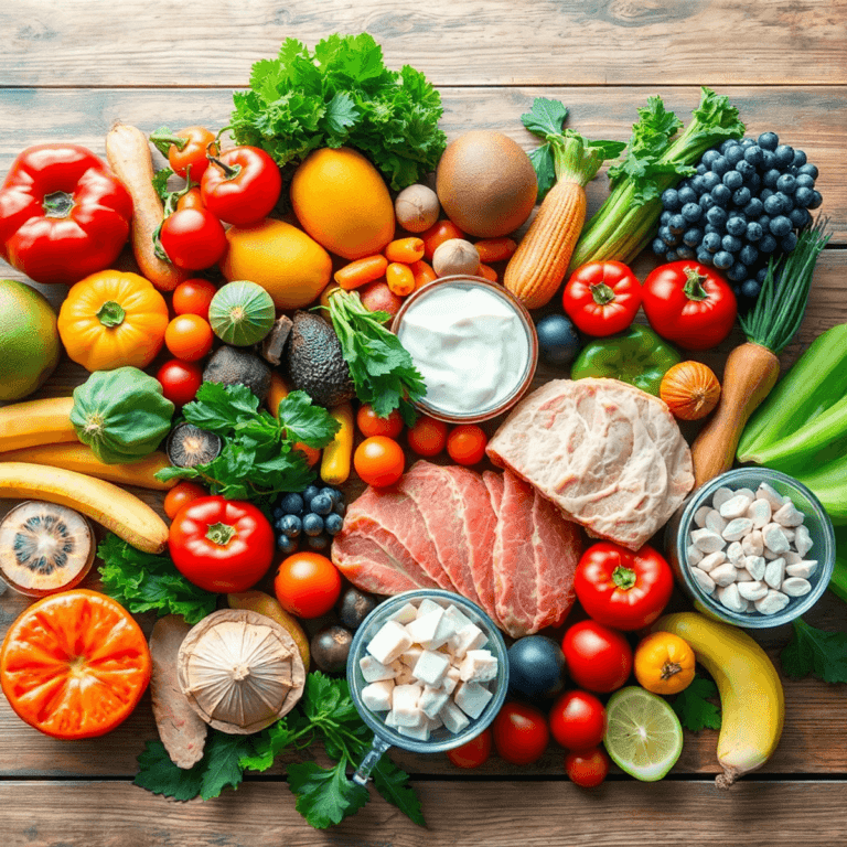 A colorful arrangement of fruits, vegetables, lean proteins, and healthy fats on a wooden table, showcasing vibrant nutrition and promoting health ...