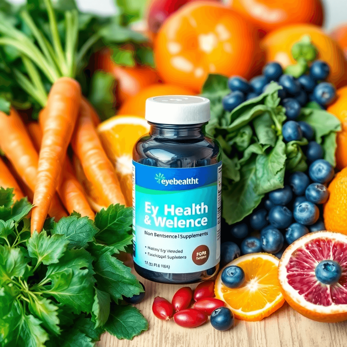 A colorful assortment of fresh fruits and vegetables, including carrots, spinach, oranges, and blueberries, with a bottle of eye health supplements...