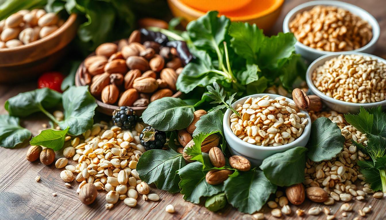 A colorful assortment of magnesium-rich foods, including leafy greens, nuts, seeds, and whole grains, beautifully arranged on a wooden table with a soft blurred background.