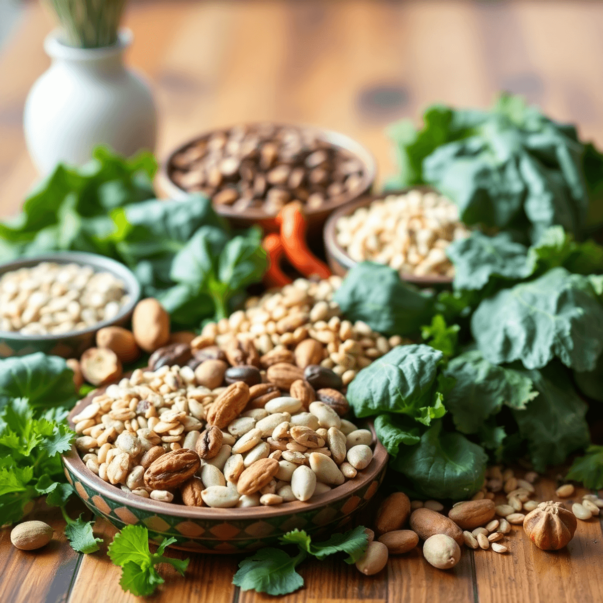 A colorful assortment of magnesium-rich foods, including leafy greens, nuts, seeds, and whole grains, beautifully arranged on a wooden table with a soft blurred background.