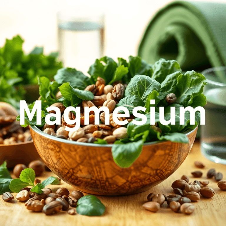 A colorful bowl of green leafy vegetables, nuts, and seeds sits against a bright background, with a glass of water and a yoga mat softly blurred ne...