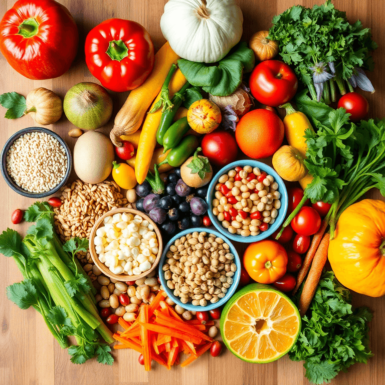 A colorful flat lay of fresh fruits, vegetables, legumes, and whole grains artfully arranged on a wooden table, showcasing the diversity of vegan i...