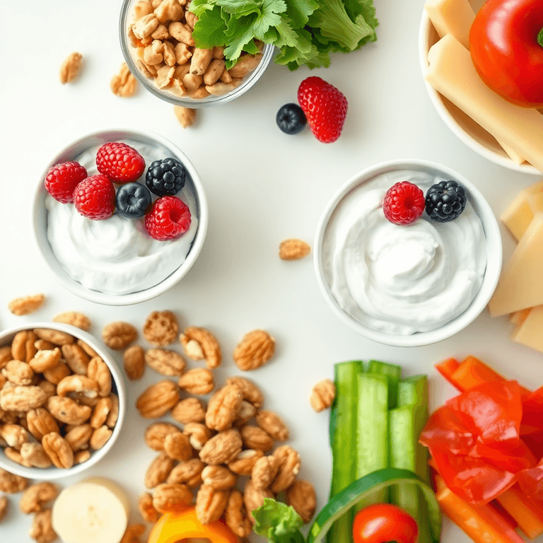 A colorful flat lay of low-carb snacks featuring Greek yogurt with berries, nuts, cheese slices, and sliced vegetables on a bright background.