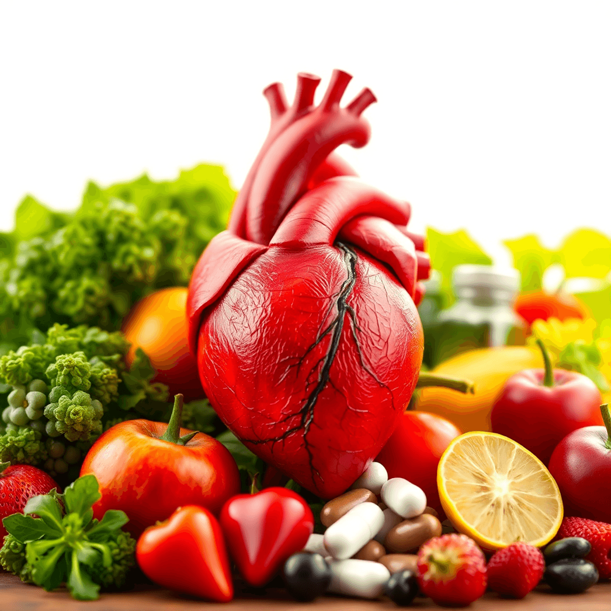 A colorful heart surrounded by fresh fruits, vegetables, and supplements, set against a bright background, symbolizing cardiovascular health and vi...