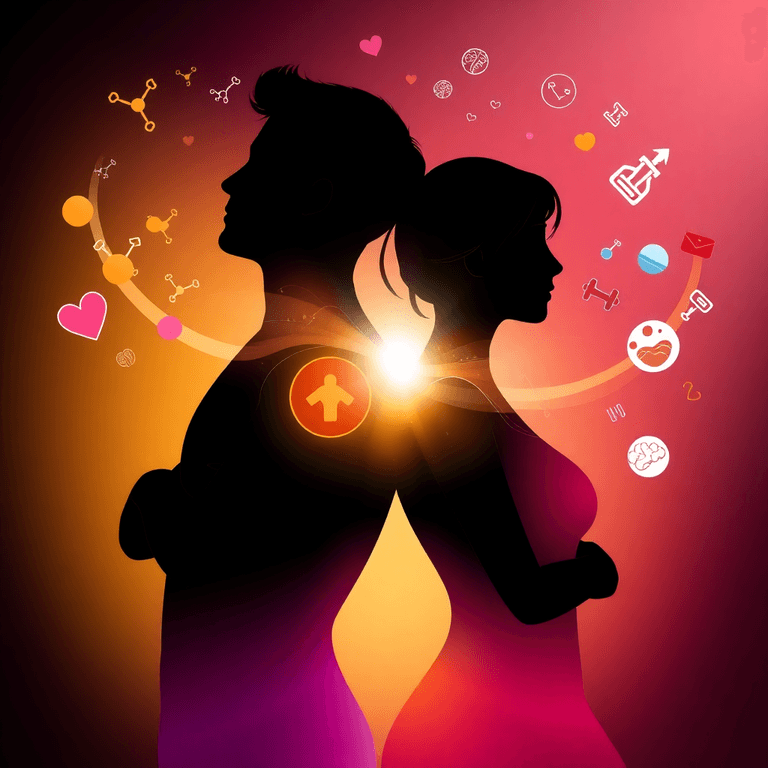 A colorful illustration of male and female silhouettes back-to-back, surrounded by swirling hormone symbols and icons of wellness against a warm, v...