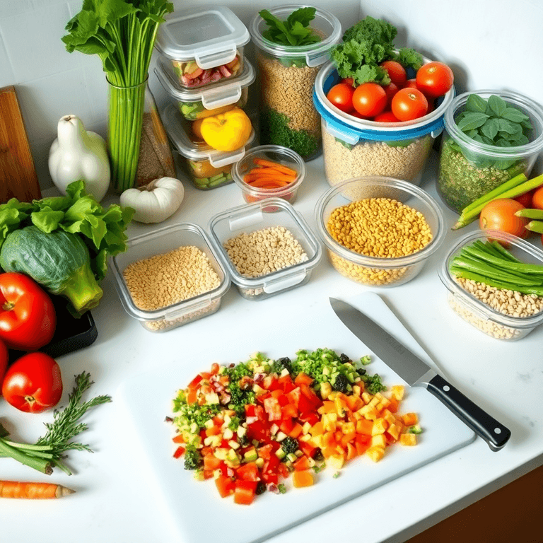 A colorful kitchen countertop with fresh vegetables, grains, and meal prep containers. A sharp chef's knife and large cutting board display chopped...