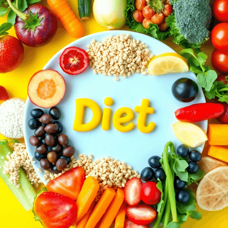 A colorful plate filled with fruits, vegetables, whole grains, and lean proteins, set against a bright background, symbolizing a balanced diet for ...