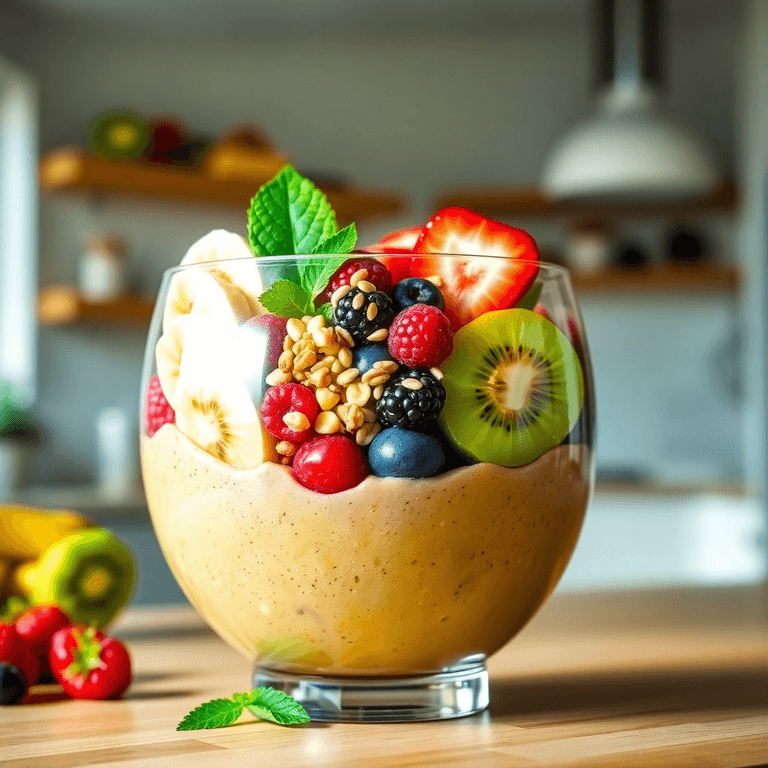 A colorful smoothie bowl filled with bananas, berries, and kiwi, topped with nuts and seeds, set against a bright kitchen background.