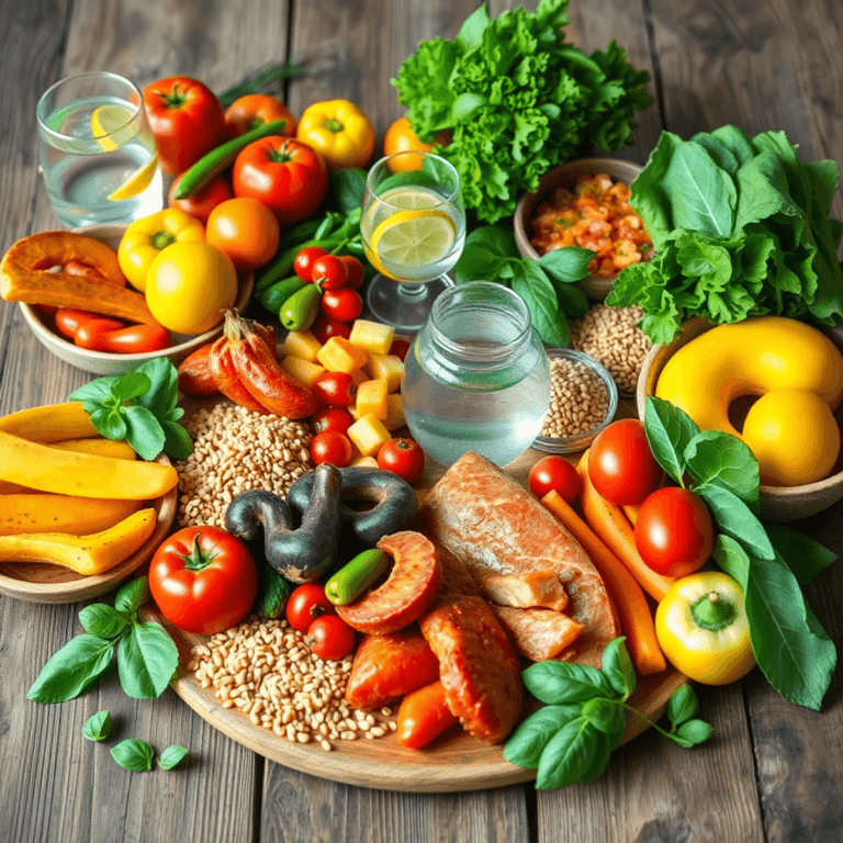 A colorful spread of healthy foods including fruits, vegetables, whole grains, and lean proteins on a rustic table, with a glass of lemon-infused w...