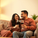 A couple sitting closely on a cozy couch, smiling and sharing a glass of wine in a softly lit room, conveying warmth and connection.