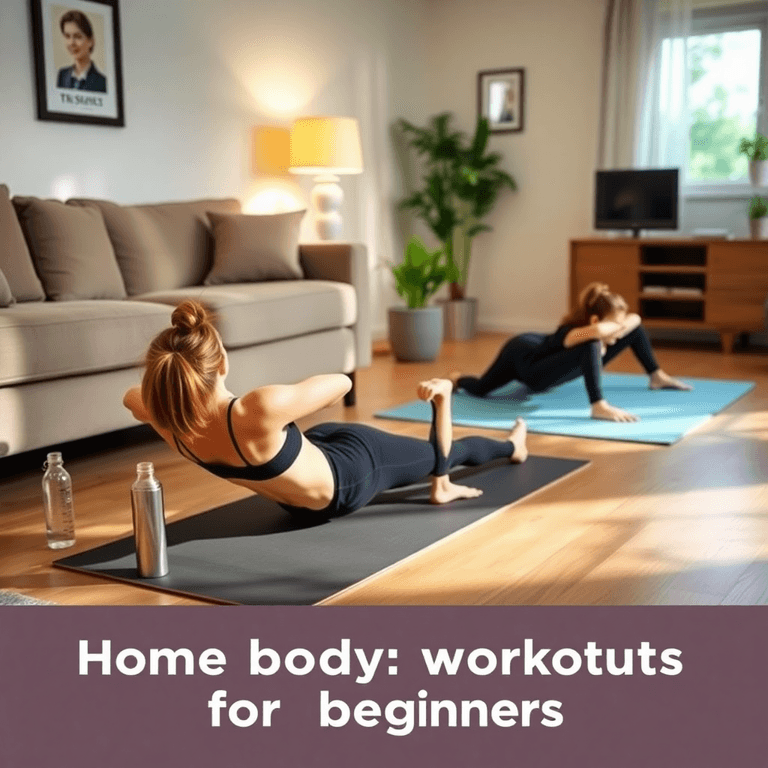 A cozy living room with a yoga mat, showcasing bodyweight exercises like squats and push-ups, alongside a water bottle and a small plant for a refr...