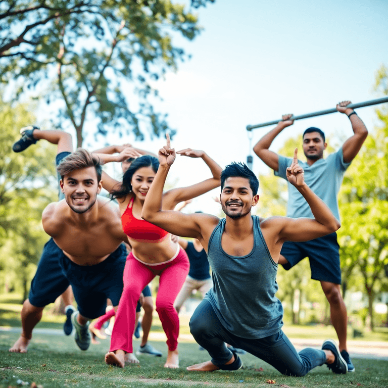 A diverse group of people exercising outdoors: a male doing push-ups, a female practicing yoga, and another male performing pull-ups, surrounded by...