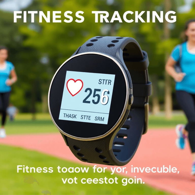 A fitness tracker shows heart rate and step count, surrounded by an active park scene, inspiring motivation and accessibility in fitness for all.