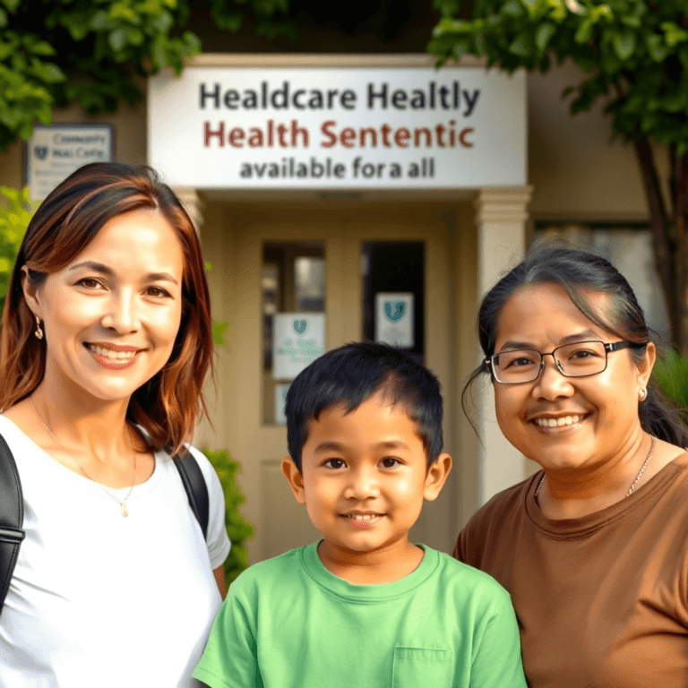 A group of individuals standing together in front of a community health center, surrounded by greenery, highlighting unity and equitable access to ...