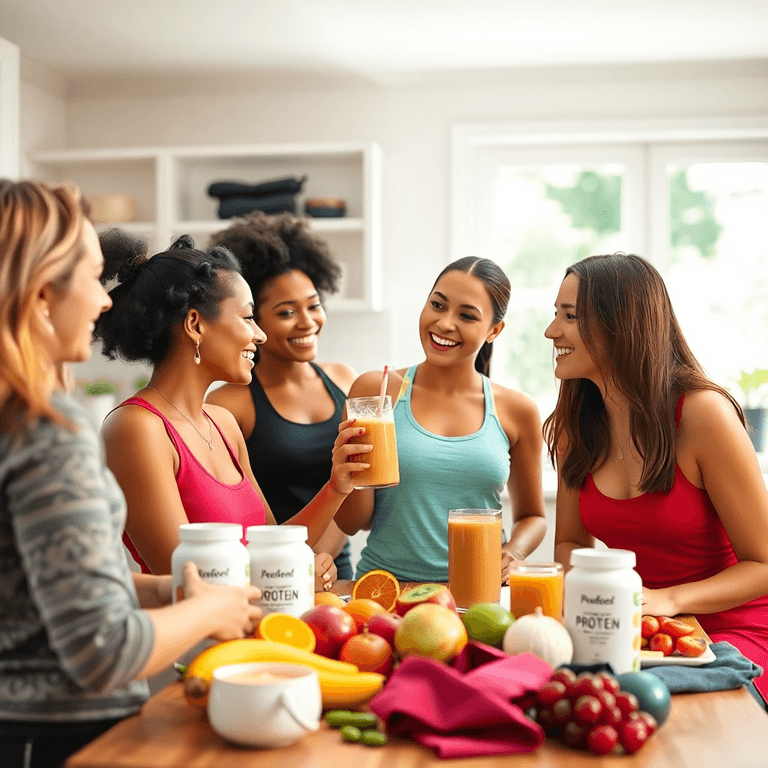 A group of women joyfully enjoying smoothies in a bright kitchen, surrounded by fresh fruits and workout gear, symbolizing health and community.