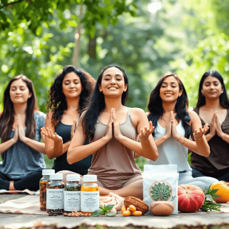 A group of women practicing yoga in a lush, natural setting, surrounded by fresh fruits and greenery, embodying wellness and holistic health.