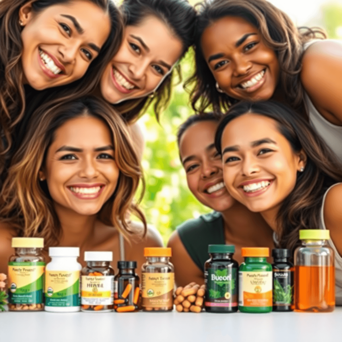 A group of women smiling together in a bright, natural setting, surrounded by colorful dietary supplements, with greenery and flowers symbolizing health and wellness.