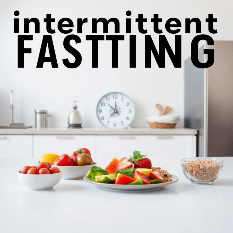 A minimalist kitchen with a clock showing specific eating windows and a healthy meal of fresh fruits, vegetables, and whole grains on the table, co...