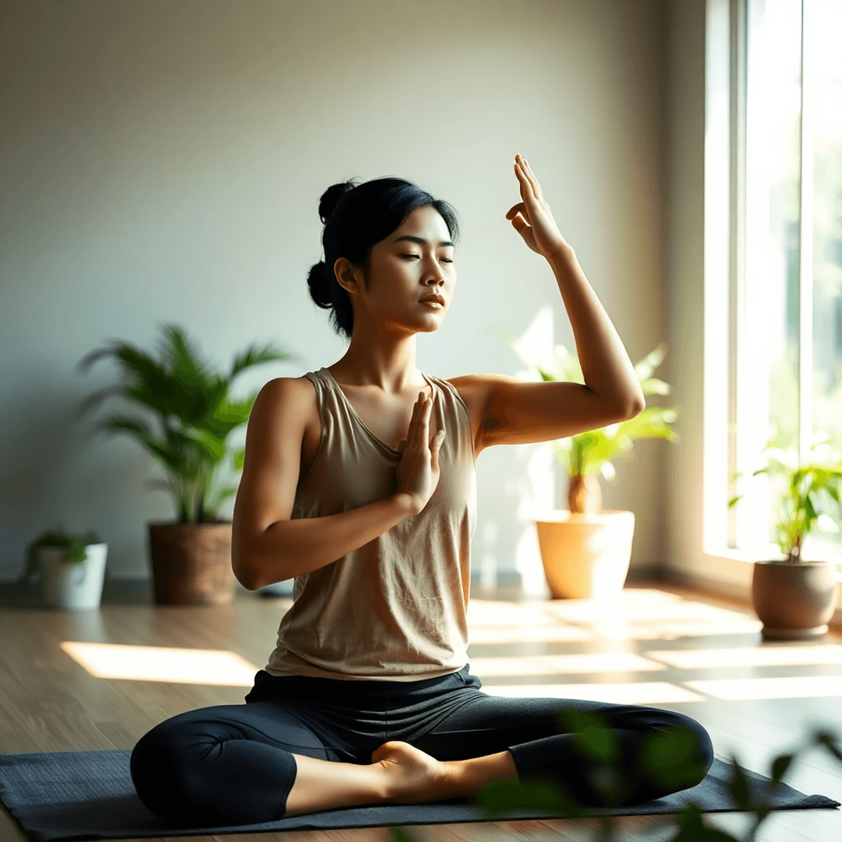 A person practicing yoga in a peaceful indoor setting, bathed in soft natural light and surrounded by plants, promoting wellness and relaxation.