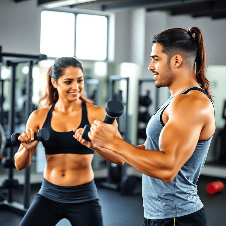 A personal trainer guides a client through a workout in a gym, demonstrating an exercise with determination. Fitness equipment is visible, creating...