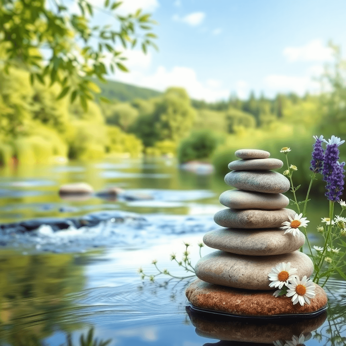 A tranquil nature scene with soft greenery, gentle flowing water, and a clear blue sky, featuring stacked smooth stones and soothing herbal plants ...