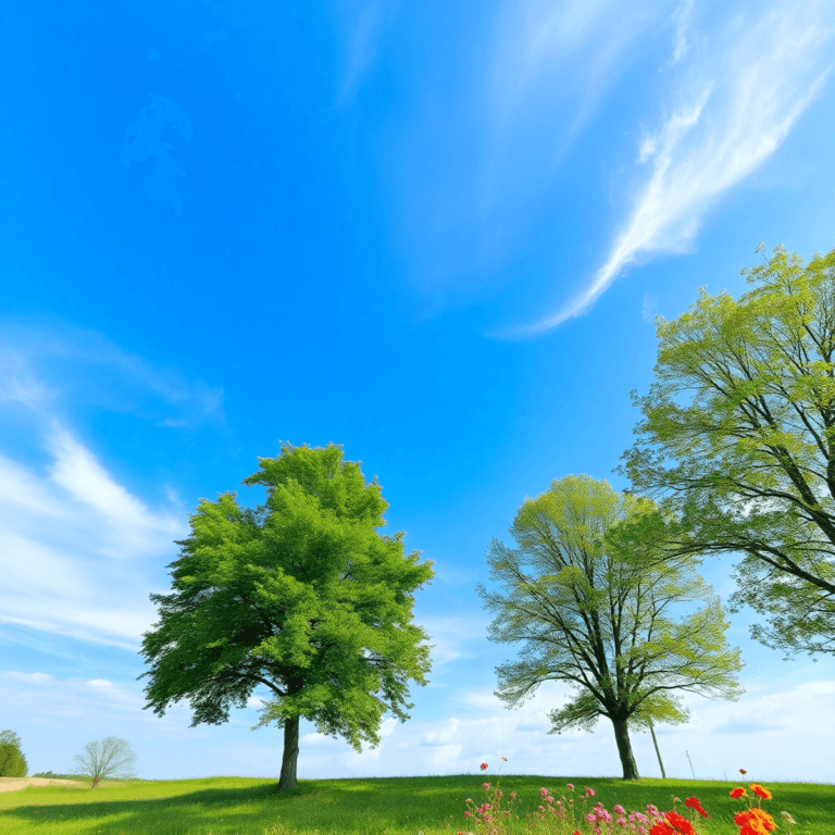 A tranquil outdoor scene with a clear blue sky, lush green trees, and vibrant flowers, featuring a pollen warning sign and a breathing mask, symbol...