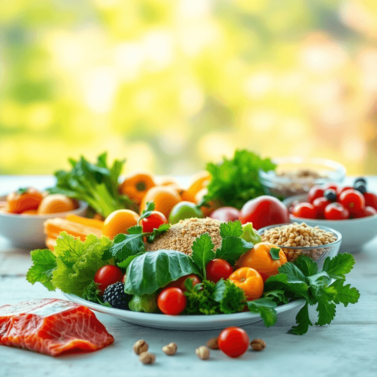 A vibrant table spread with colorful fruits, vegetables, whole grains, and omega-3 rich foods like salmon and walnuts, set in a bright, inviting ba...