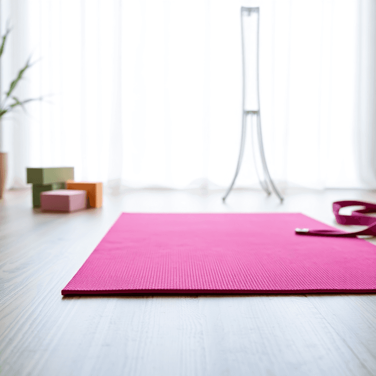 A vibrant yoga mat in a serene space, surrounded by soft natural light, with yoga blocks and straps nearby, creating an inviting atmosphere for beg...