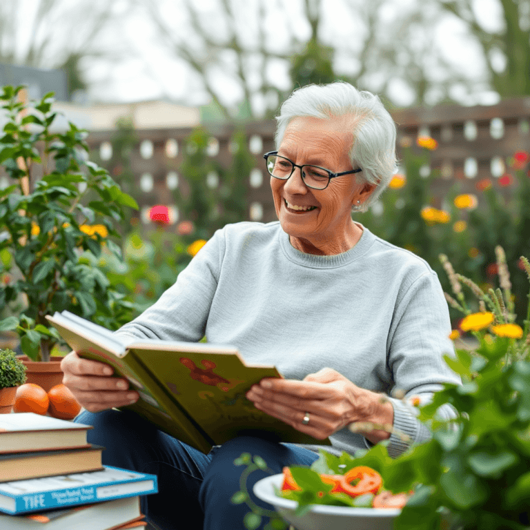 An elderly person joyfully gardening, surrounded by books, plants, and a healthy meal, embodying positivity and cognitive health in a serene setting.