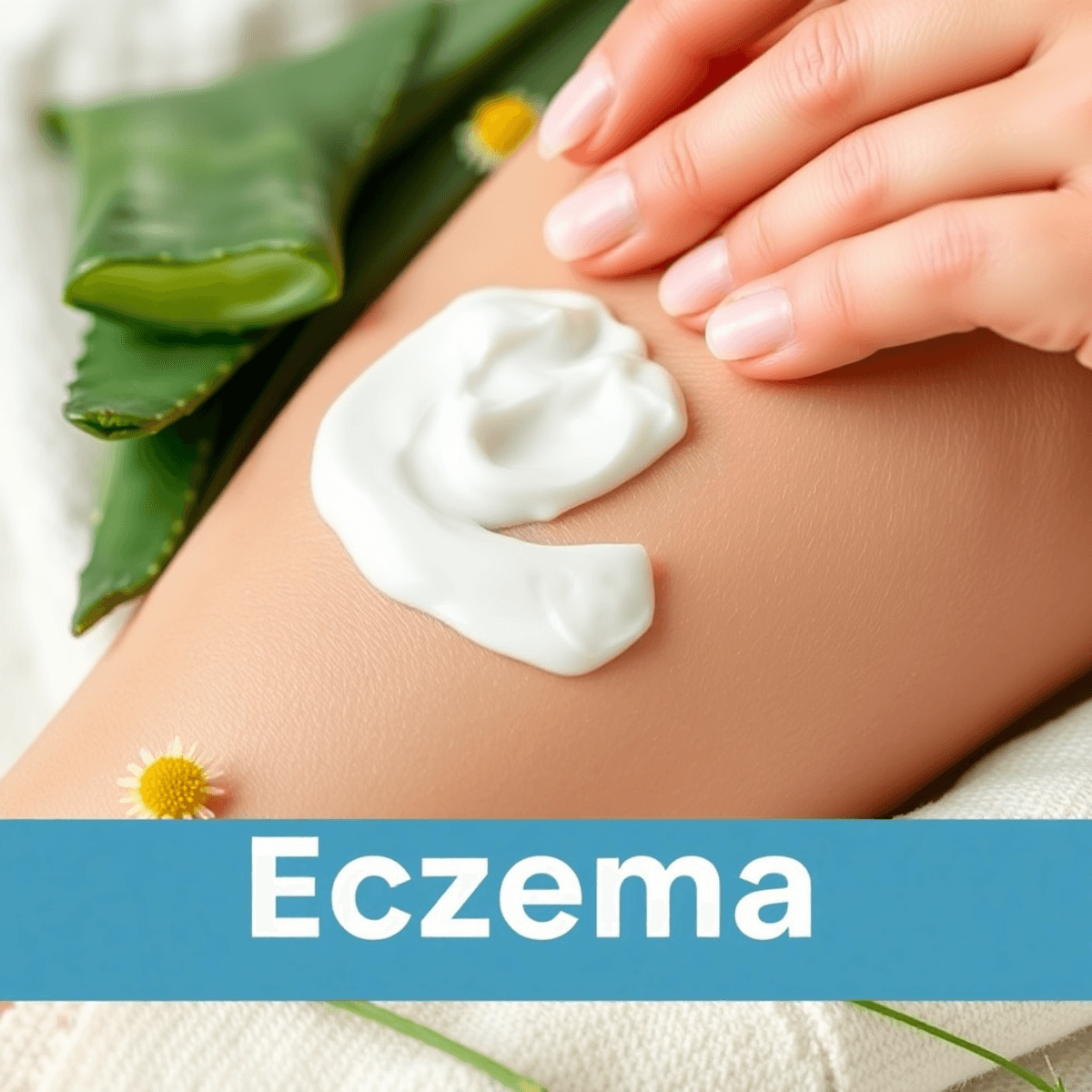 Close-up of healthy skin with a gentle hand applying cream, surrounded by aloe vera and chamomile, conveying care and treatment for eczema.