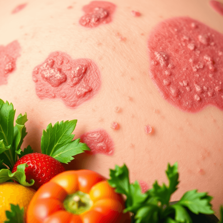 Close-up of inflamed skin patches with red and silvery scales, set against a soft neutral background. Fresh fruits and vegetables in the foreground...