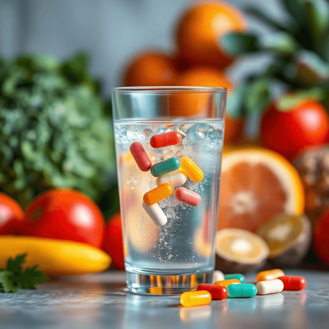 Glass of water with dissolving probiotic capsules beside fresh fruits and vegetables, bathed in soft warm light, symbolizing gut health and wellness.