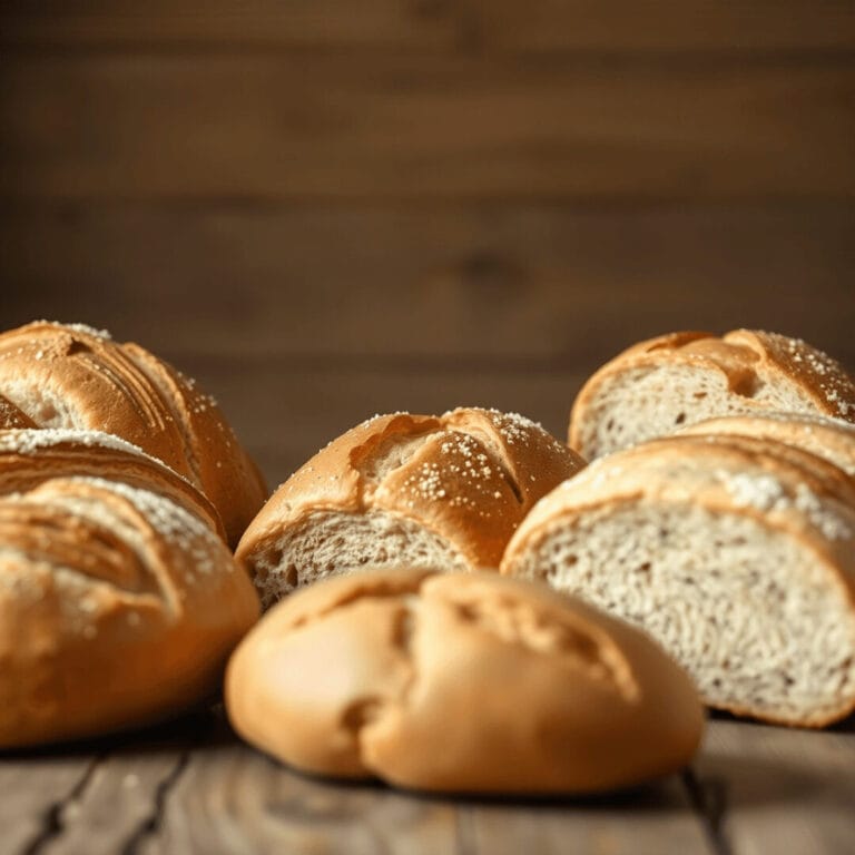 Close-up of assorted fresh bread loaves on rustic wood with soft-focus background and subtle swirling patterns suggesting discomfort or digestion i...